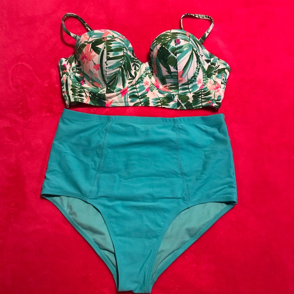 Old Navy Tropical Palm Print Bikini Top with Teal High-Waist Bottoms
